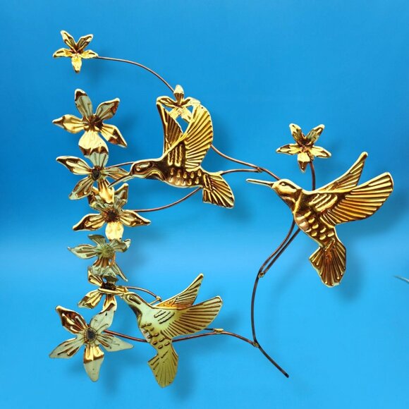 Vintage Mid Century Brass Hummingbird Wall Art Copper Floral Metal Sculpture - Picture 2 of 12